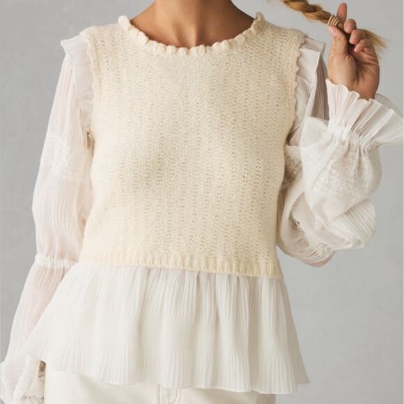 Anthropologie Sweaters - By Anthropologie Ruffle Twofer Sweater Blouse in Ivory & Cream Size L